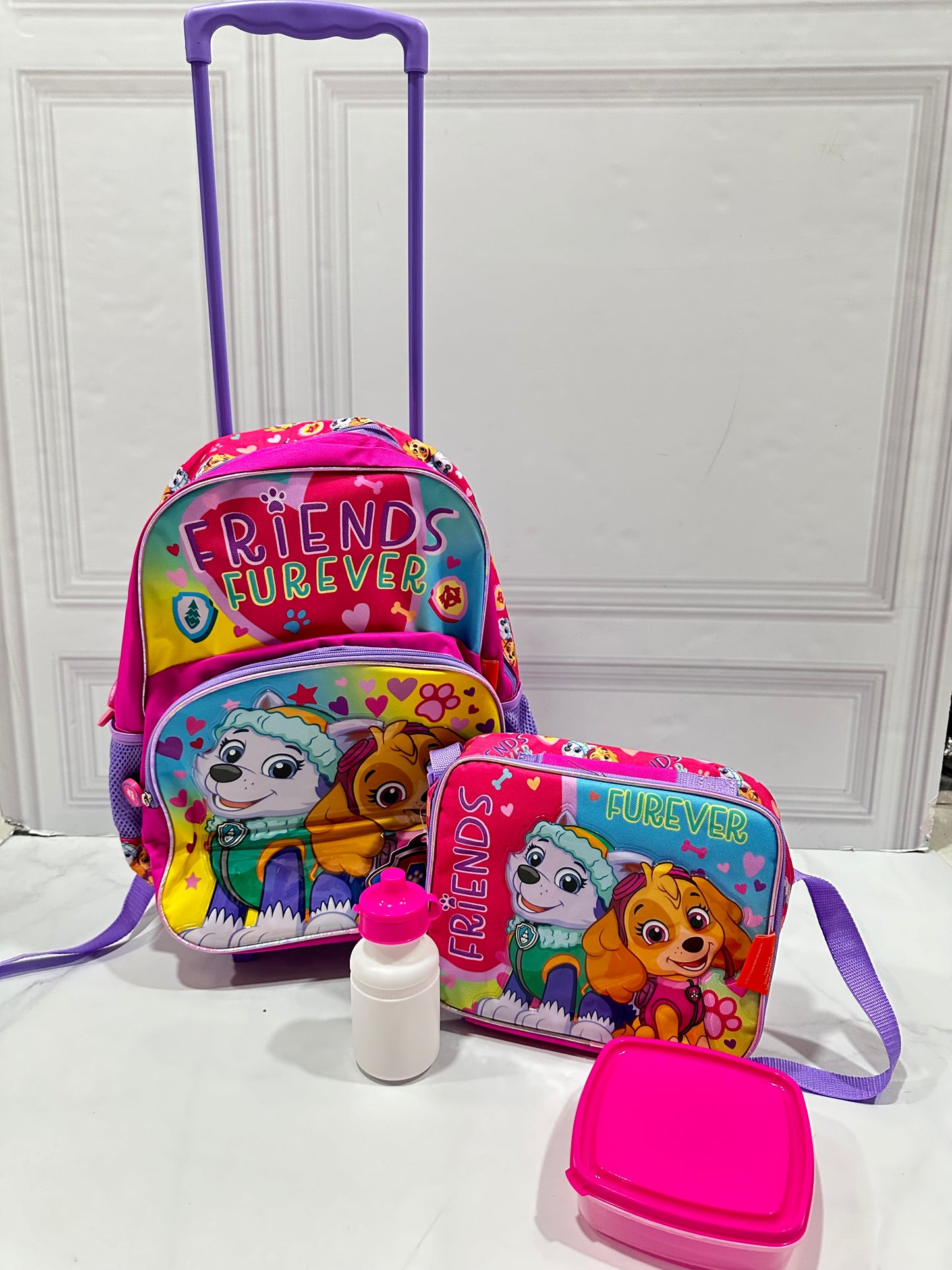 Mochila con ruedas y Lonchera Sky Paw patrol con termo y pana friends