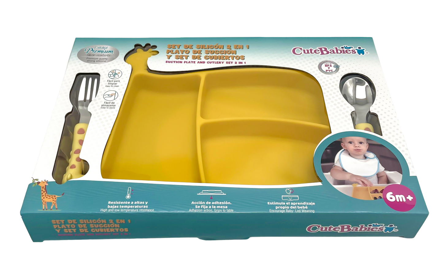 Set plato alimentación bebé niño niña silicon Cutebabies jirafa