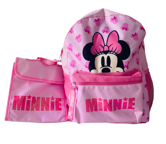 Mochila Minnie rosada 3 piezas Lonchera y lapicera