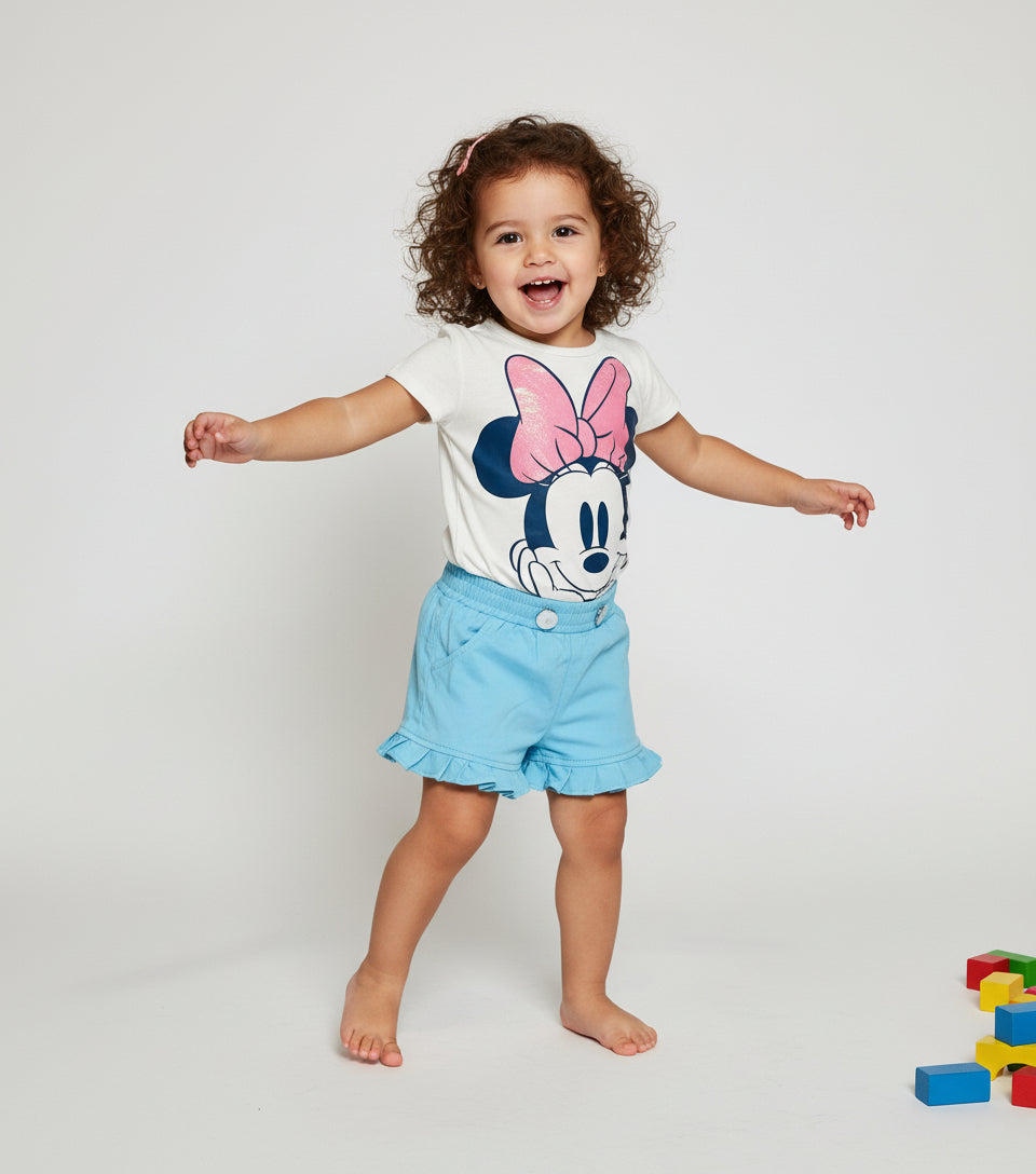 Set conjunto 2 piezas camisa blanca short azul cielo Minnie bebe niña D9-MI-1315B promo 2x1000