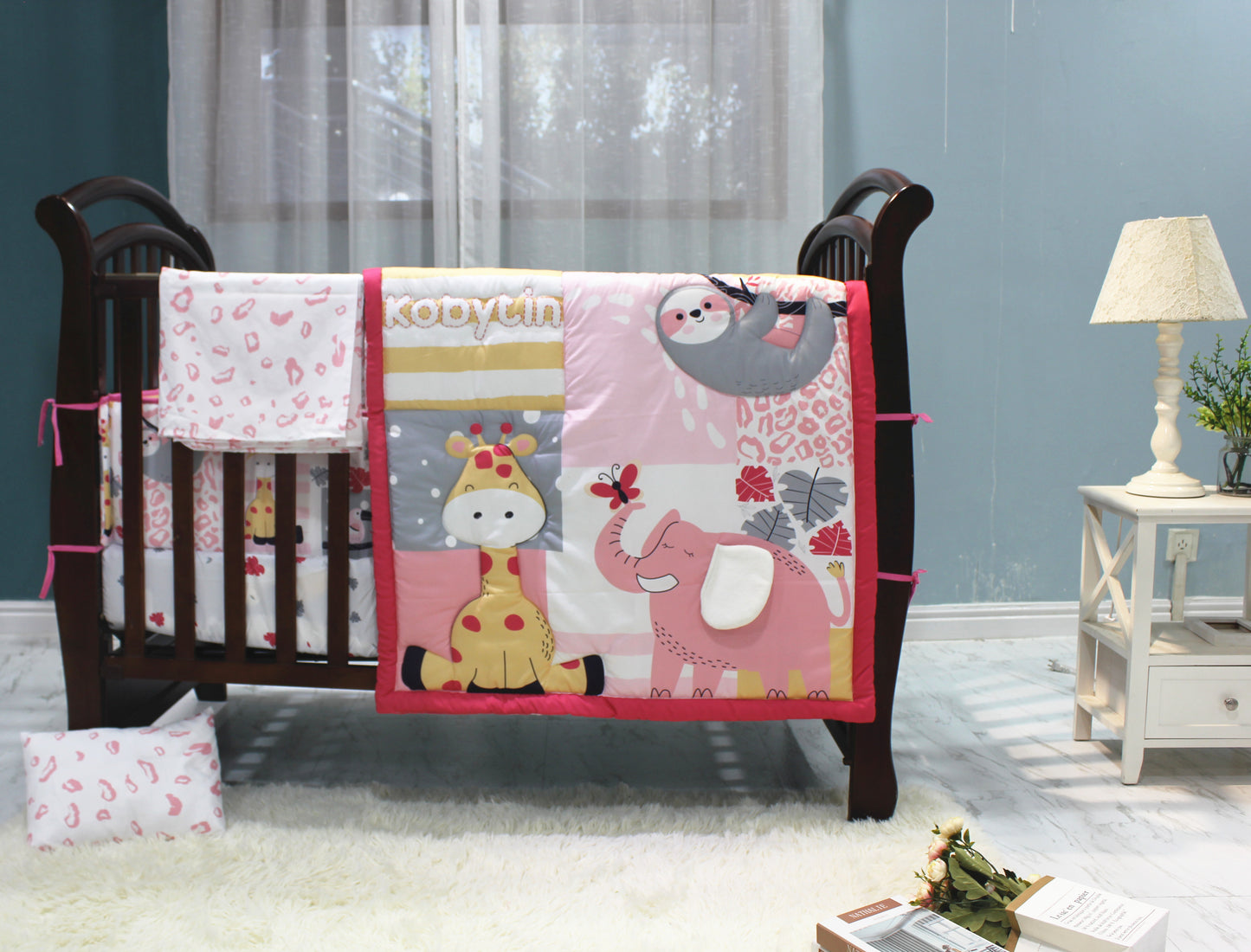 Set sabanas cuna 5 piezas almohada bebe niña safari elegante jirafa rosada