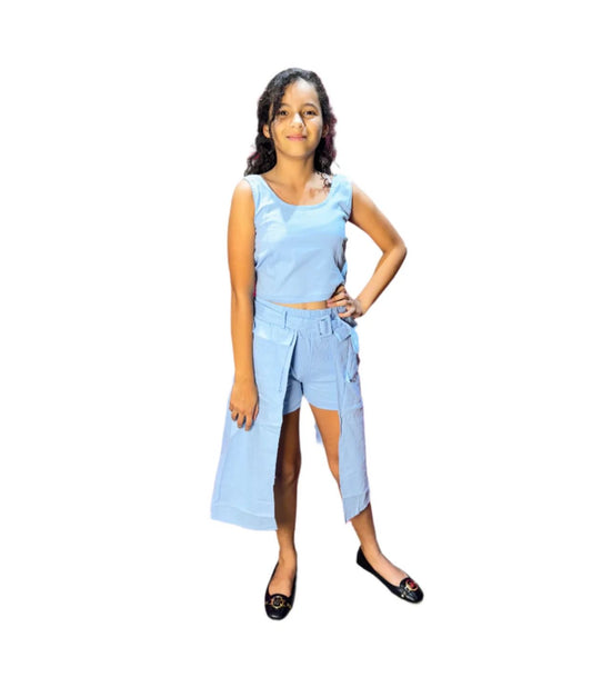 Set 2 piezas azul celeste niña short falda camisa Chic mi CGS1208-16