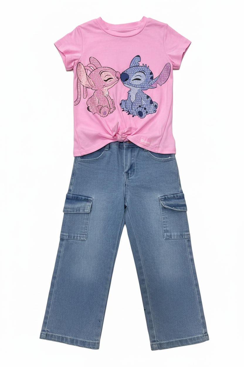 Set conjunto 2 piezas camisa rosada pantalon cargo Jean niña Stitch D9-STI-131D 690590