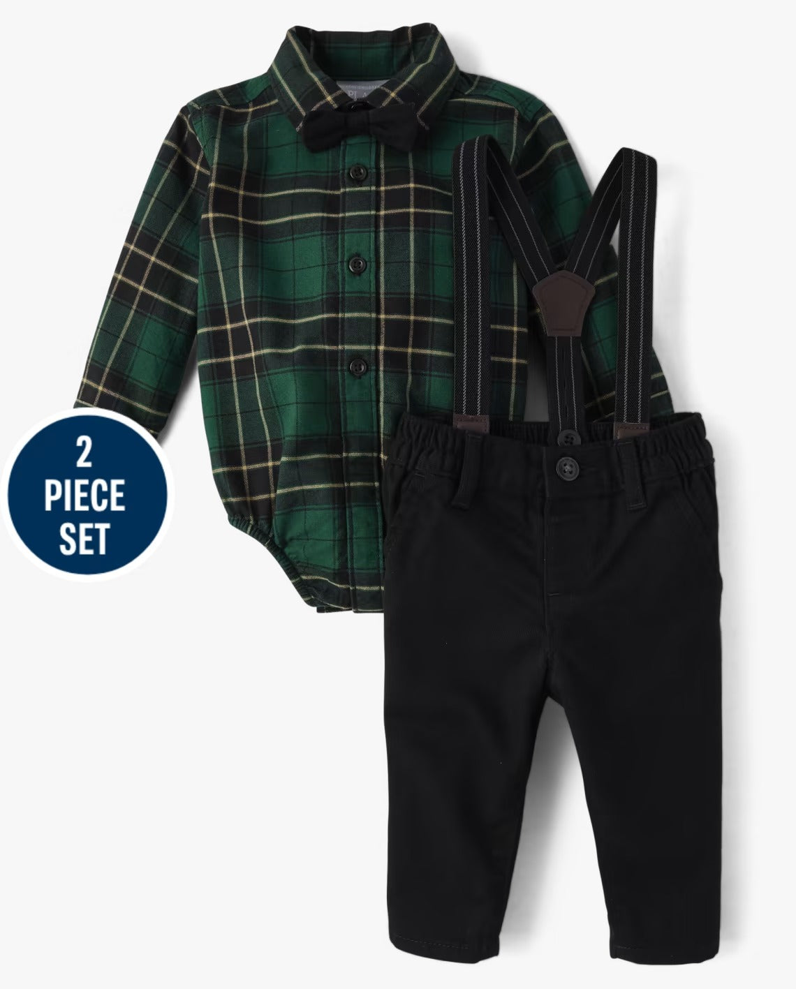 Set 4 piezas bebe niño childrens place camisa verde cuadros tirantes corbatin 83878384