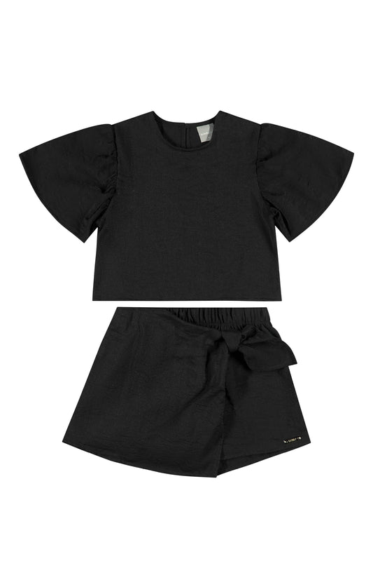Set 2 piezas niña grande quimby short y camisa negra 34172-008910 revuelo chongo