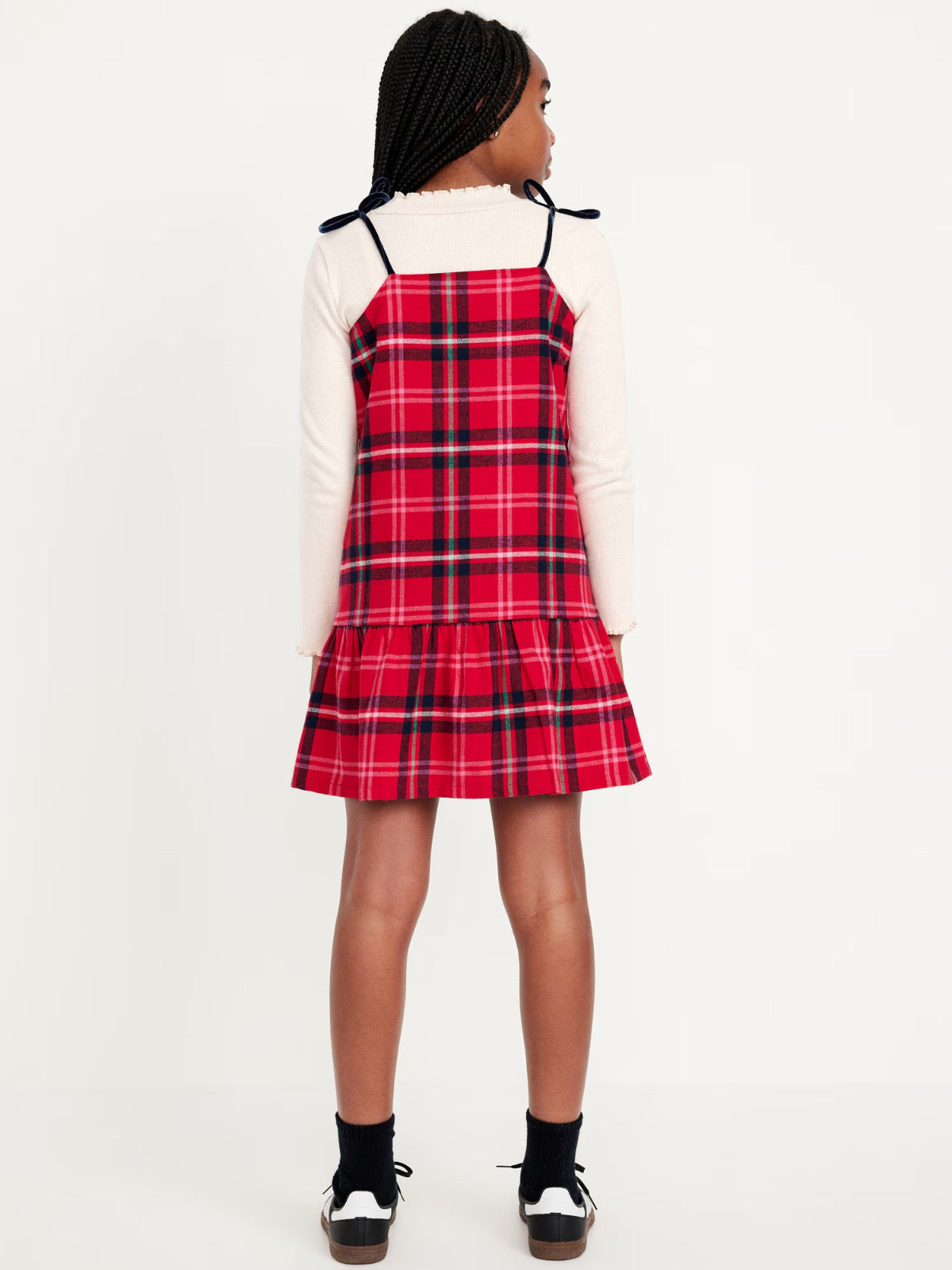 Set 2 piezas vestido overall cuadros con camisa beige old navy niña