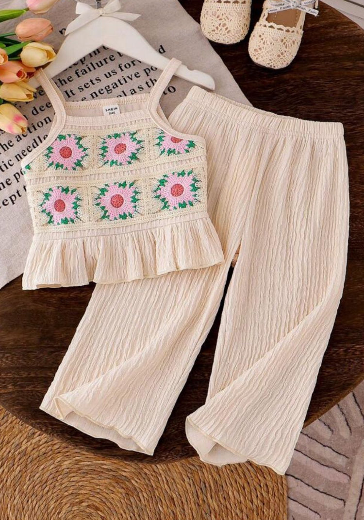 Set 2 piezas beige flores niña pantalon camisa