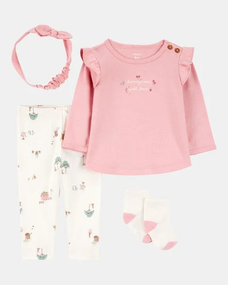 Set 4 piezas camisa pantalon calcetines diadema rosada bebe niña Carters 1S938110
