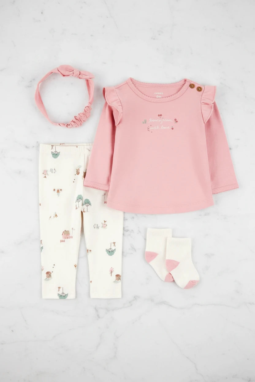 Set 4 piezas camisa pantalon calcetines diadema rosada bebe niña Carters 1S938110
