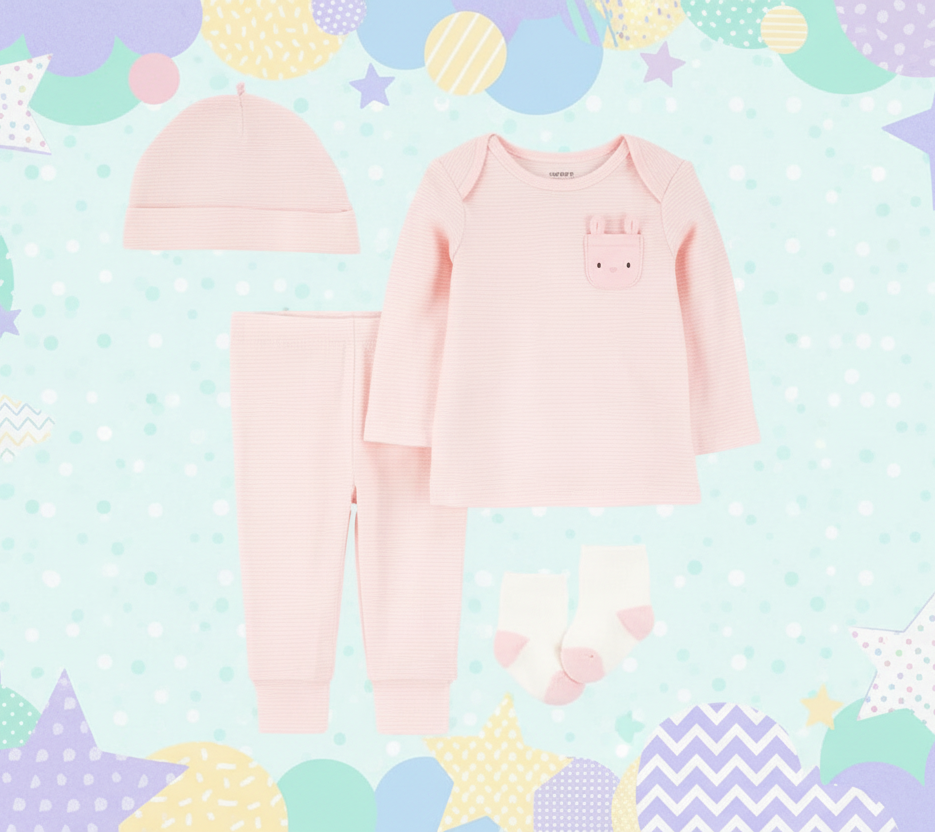 Set 4 piezas camisa pantalon calcetines gorro rosado bebe niña Carters 1S938210