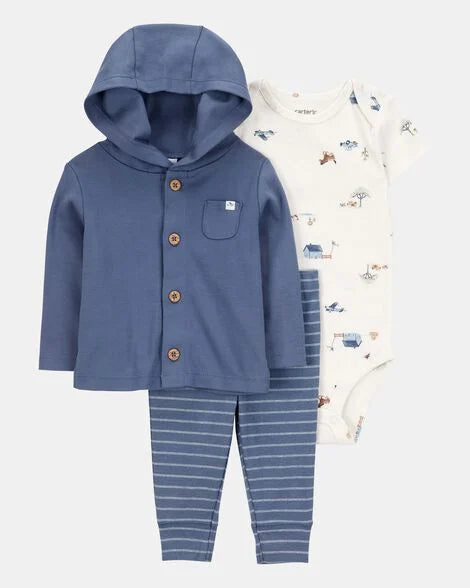 Set 3 piezas sueter azul pantalon azul mameluco blanco bebe niño Carters 1S941310