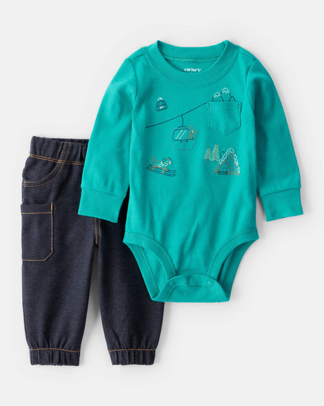 Set conjunto 2 piezas pantalon azul oscuro camisa mameluco verde bebe niño Carters 1U046610