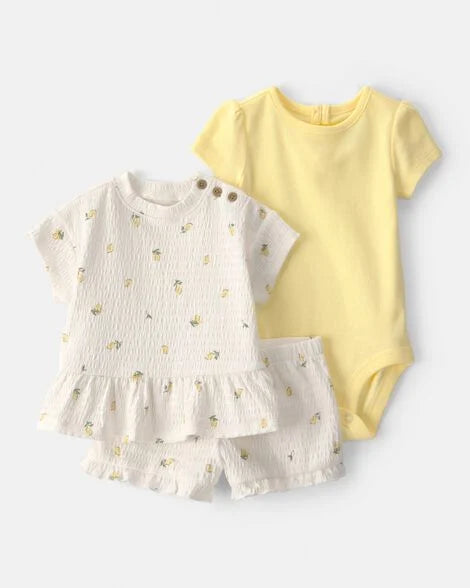 Set 3 piezas camisa short mameluco amarillo limones Carters 1U529910