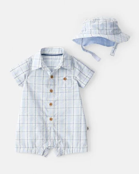 Set conjunto 2 piezas camisa overall gorro azul celeste bebe niño Carters 1U634210