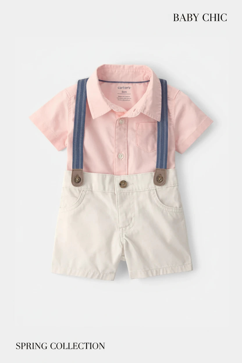 Set conjunto 2 piezas camisa mameluco rosado short beige bebe niño Carters 1U634810 tirantes