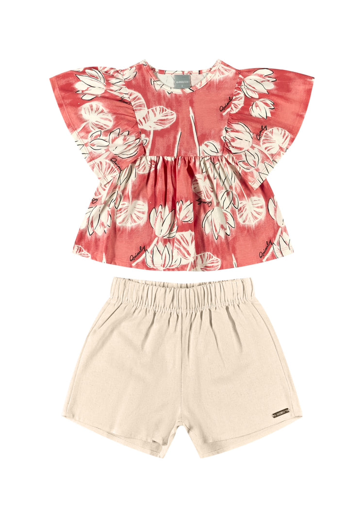 Set 2 piezas niña quimby short beige camisa roja flores 34160-FLO981 revuelos hawaino