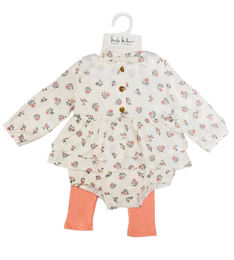 Set 3 piezas vestido blanco flores bebe niña