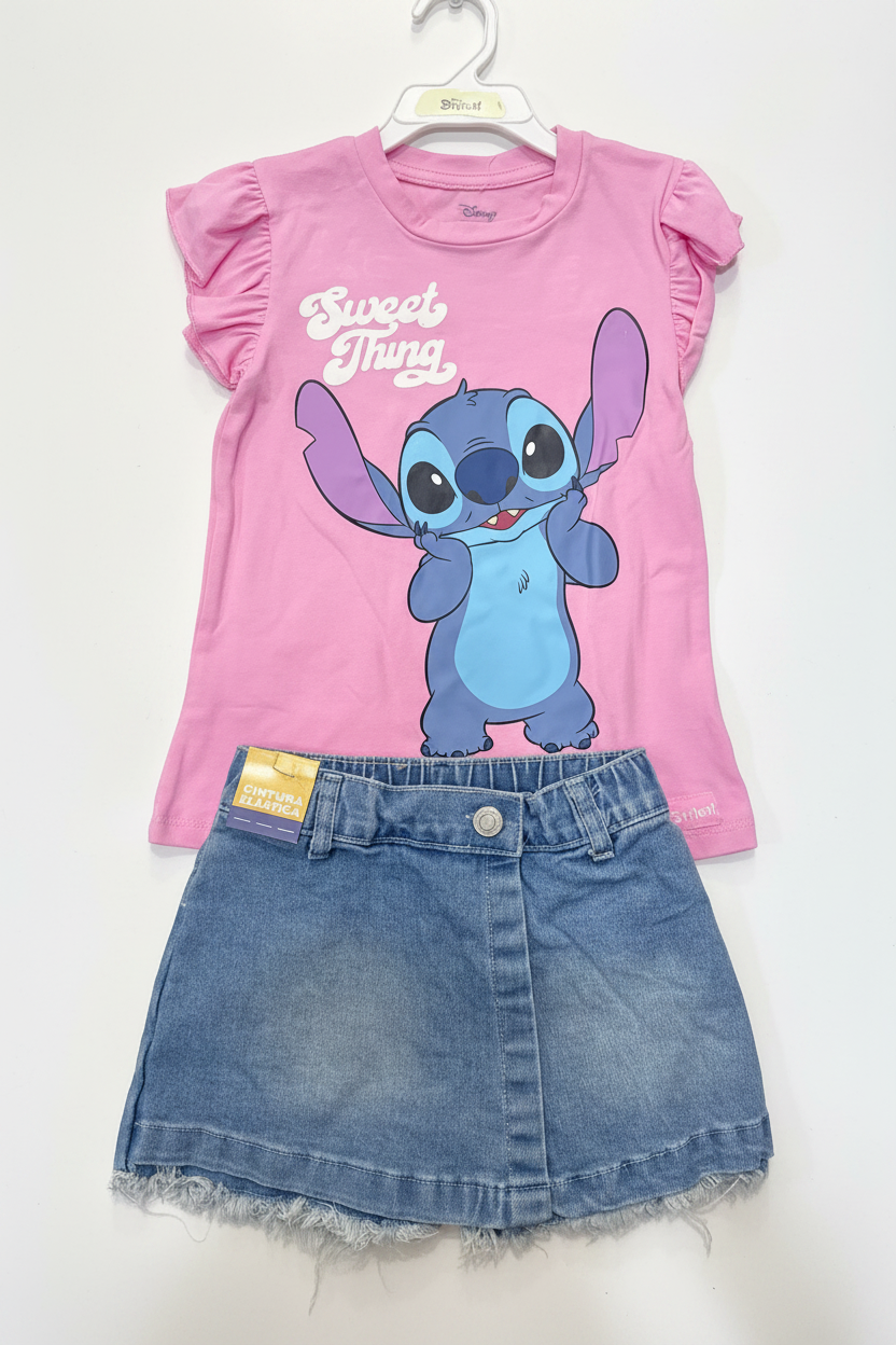 Set conjunto 2 piezas camisa rosada, falda short Jean niña Stitch D9-STI-129D 690/490