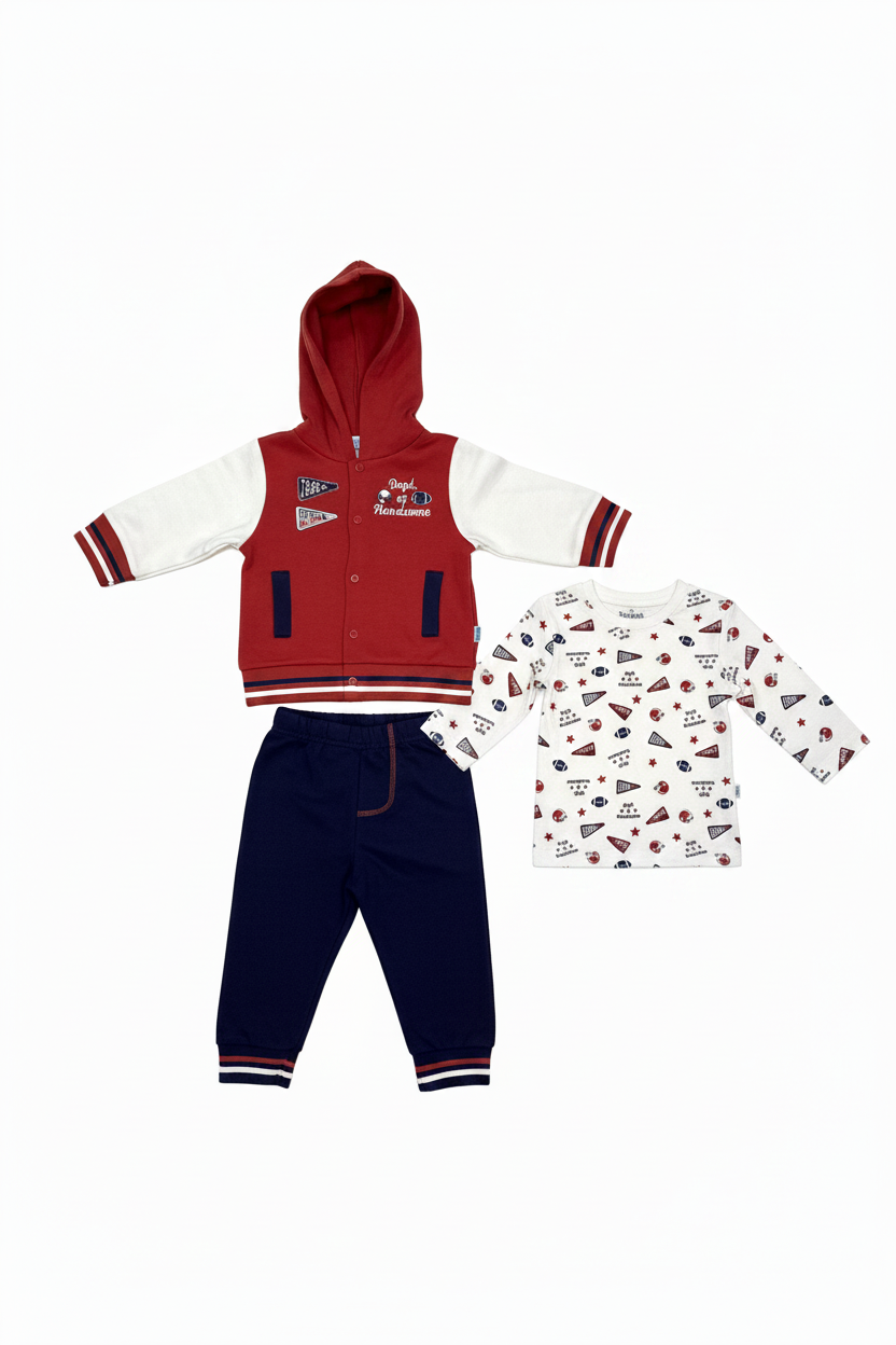 Set 3 piezas bebe niño sueter cafe jogger azul marino camisa blanca Tinytots D85646TT