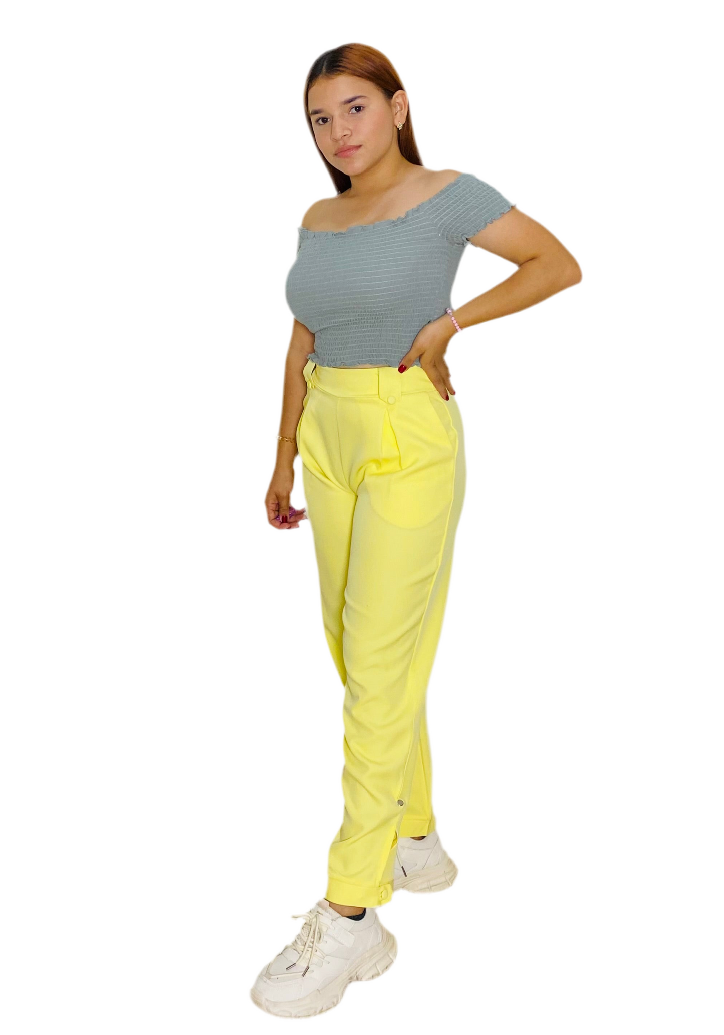 Pantalon formal tela tiro alto dama mujer amarillo INT3-1737 690590490