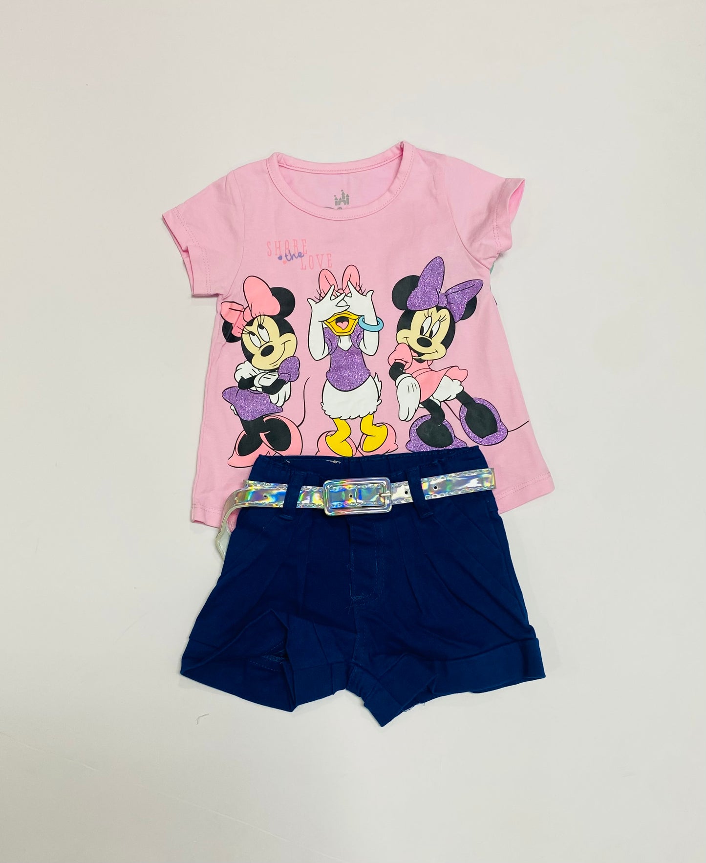 Set conjunto 2 piezas bebe niña minnie camisa rosada short azul oscuro D9-MI-1266B promo 2x1000