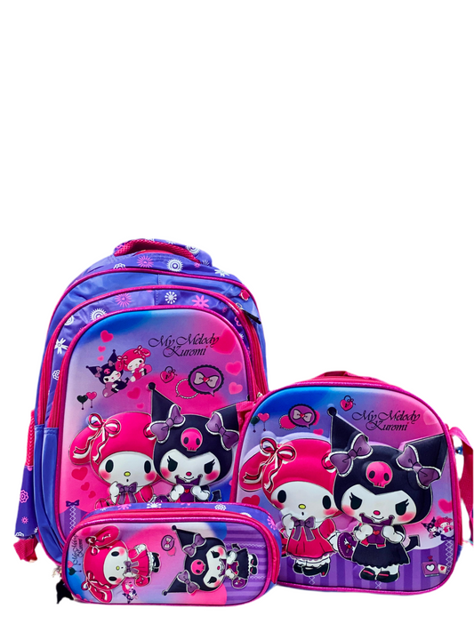 Mochila en Set My Melody Kuromi morada “17” pulgadas lonchera y lapicera