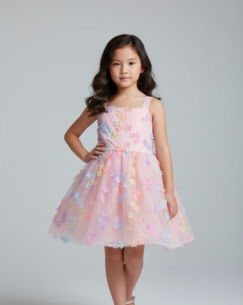 Vestido floreado aplicaciones 3D rosado niña Childrens Place 3059018
