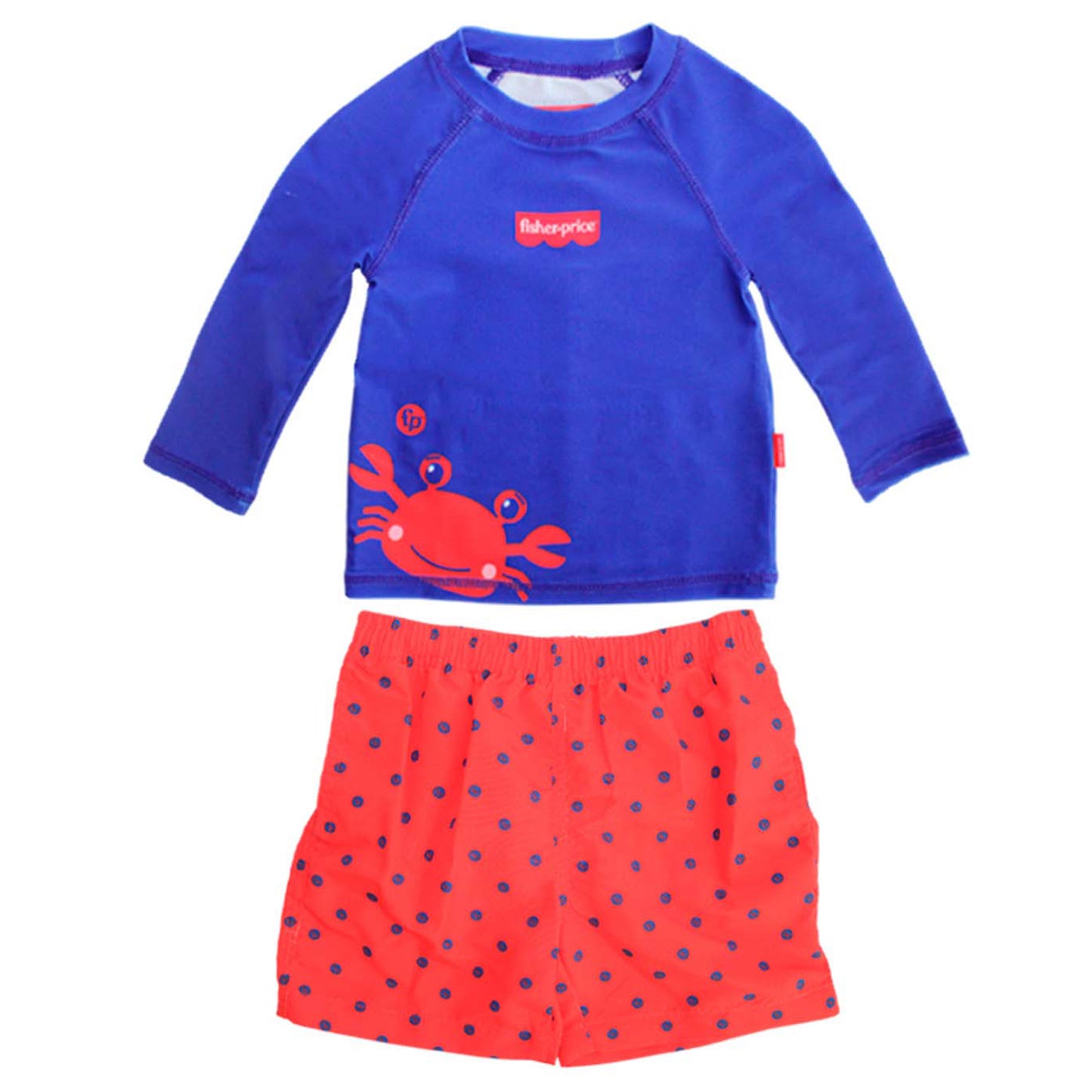 Set conjunto 2 piezas traje de baño camisa azul cangrejo short naranja bebe niño Fisher Price 3179
