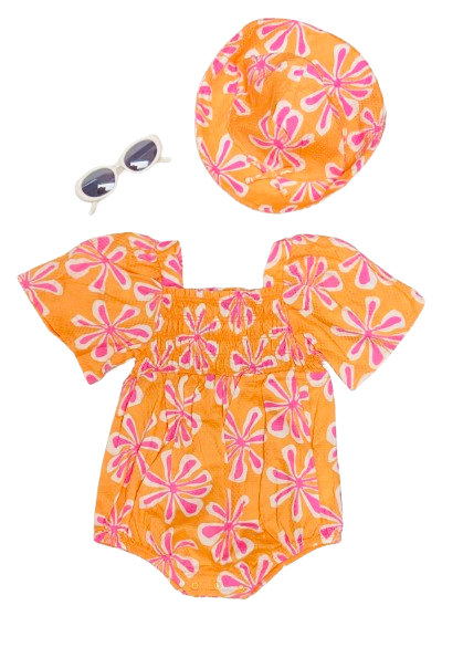 Set 3 piezas mameluco flores anaranjado sombrero bebe niña