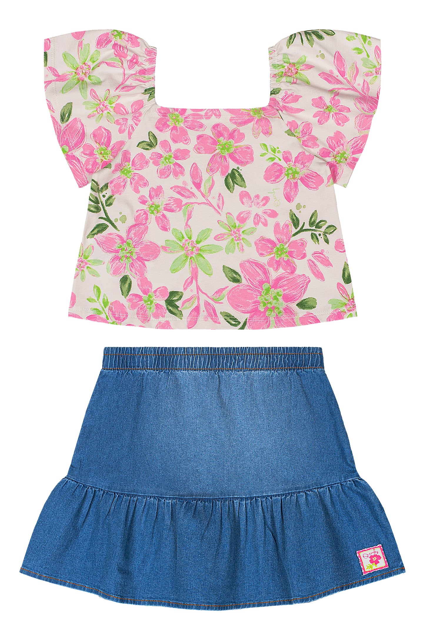 Set conjunto rosado floreado niña Quimby falda jeans camisa 34536-FL0020