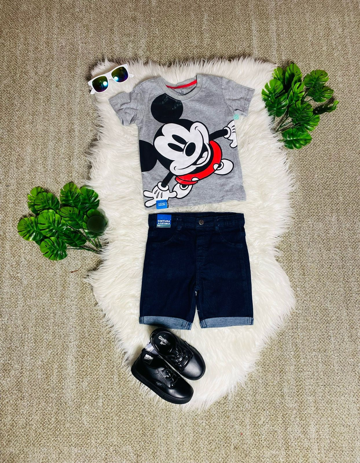 Set 2 piezas Mickey camisa gris short jean bebe niño d9-mk-1303b