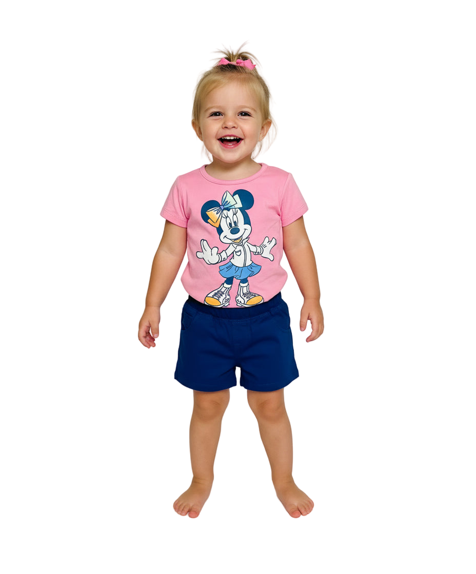 Set conjunto 2 piezas camisa rosada short azul oscuro Minnie bebe niña D9-MI-1312B promo 2x1000