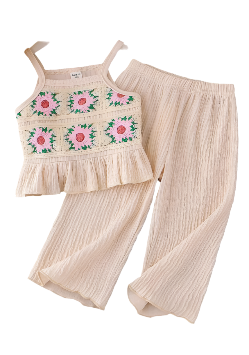 Set 2 piezas beige flores niña pantalon camisa