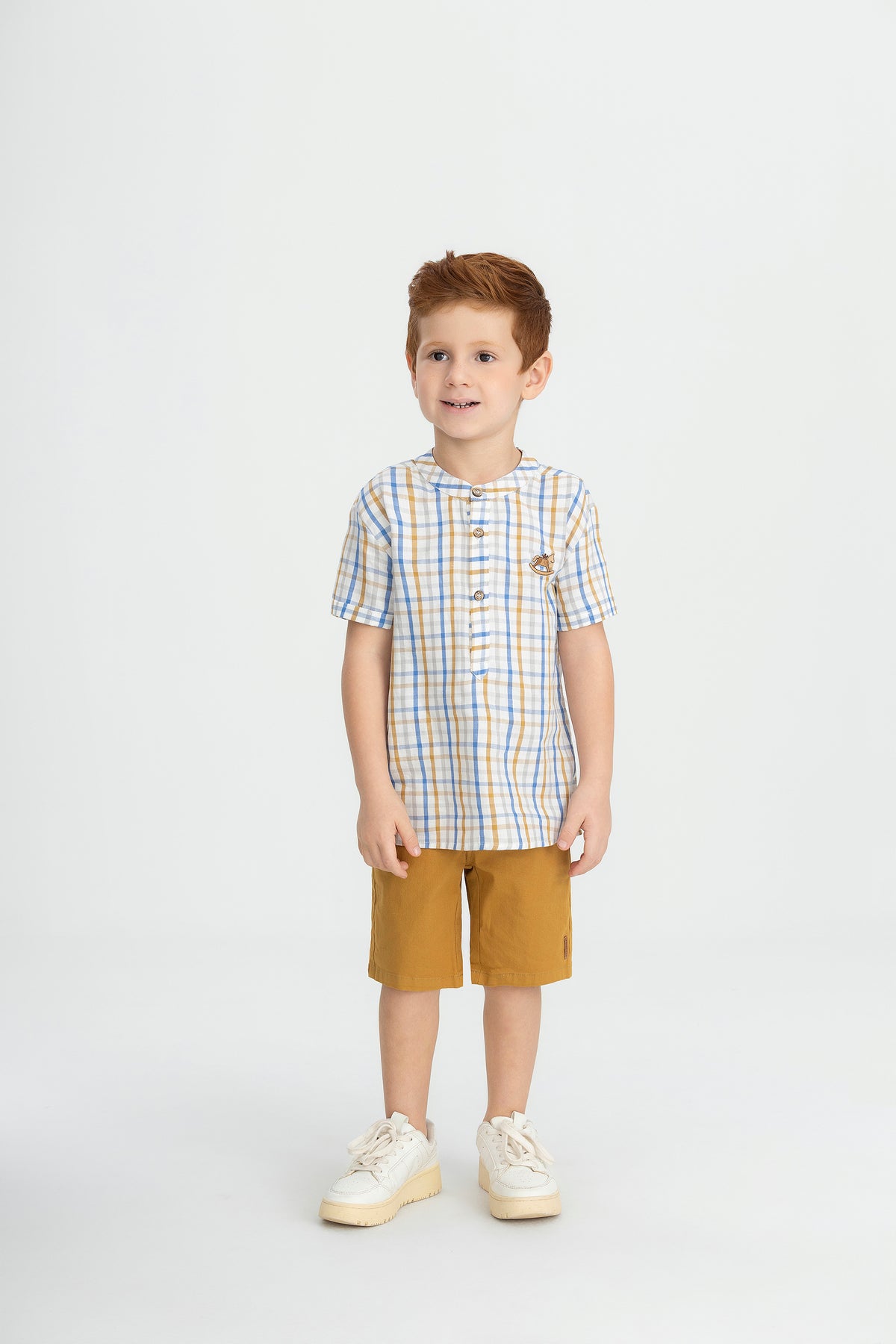 Set conjunto camisa formal cuadros rayas azul short cafe niño Up Baby 47235-174139