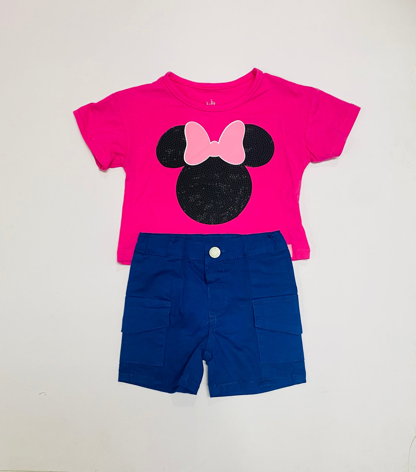 Set conjunto 2 piezas Minnie bebe niña camisa rosada short azul oscuro D9-MI-1297B promo 2x1000
