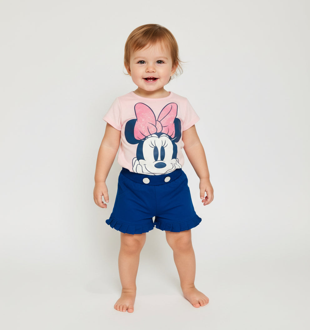 Set conjunto 2 piezas camisa rosada short azul oscuro Minnie bebe niña D9-MI-1315B promo 2x1000
