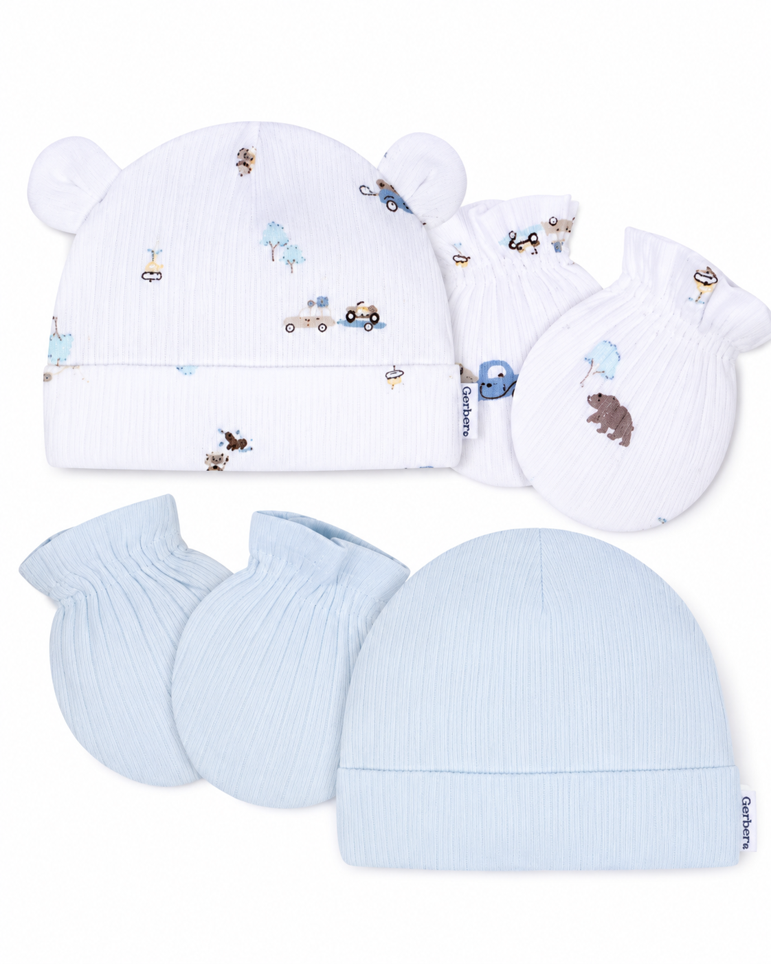Set 2 Gorros y 2 guantes bebe niño gerber azul blanco