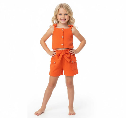 Set 2 piezas niña anaranjado short camisa Chic mi CSG1208-4