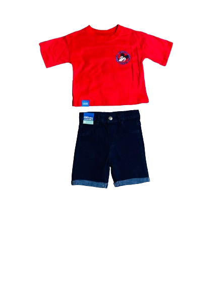 Set 2 piezas Mickey camisa roja short jeans bebe niño
