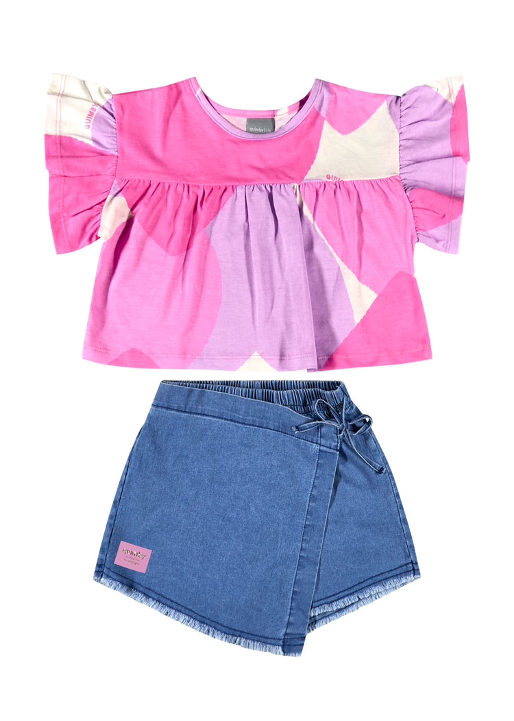 Set 2 piezas niña quimby falda short jeans camisa rosada 34167-AB2154