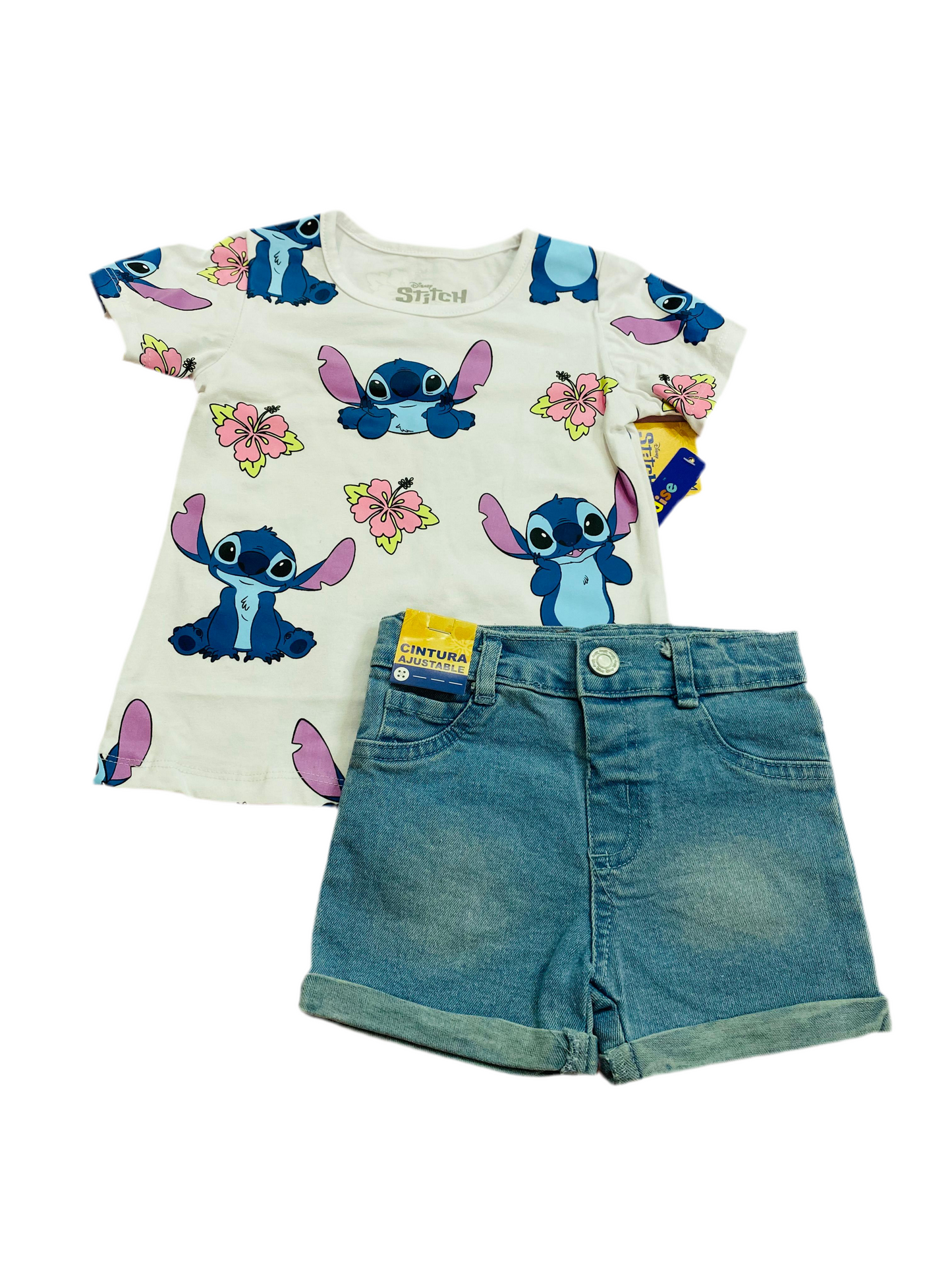 Set Conjunto short jean para bebé niña Stitch blanco D9-STI-178B