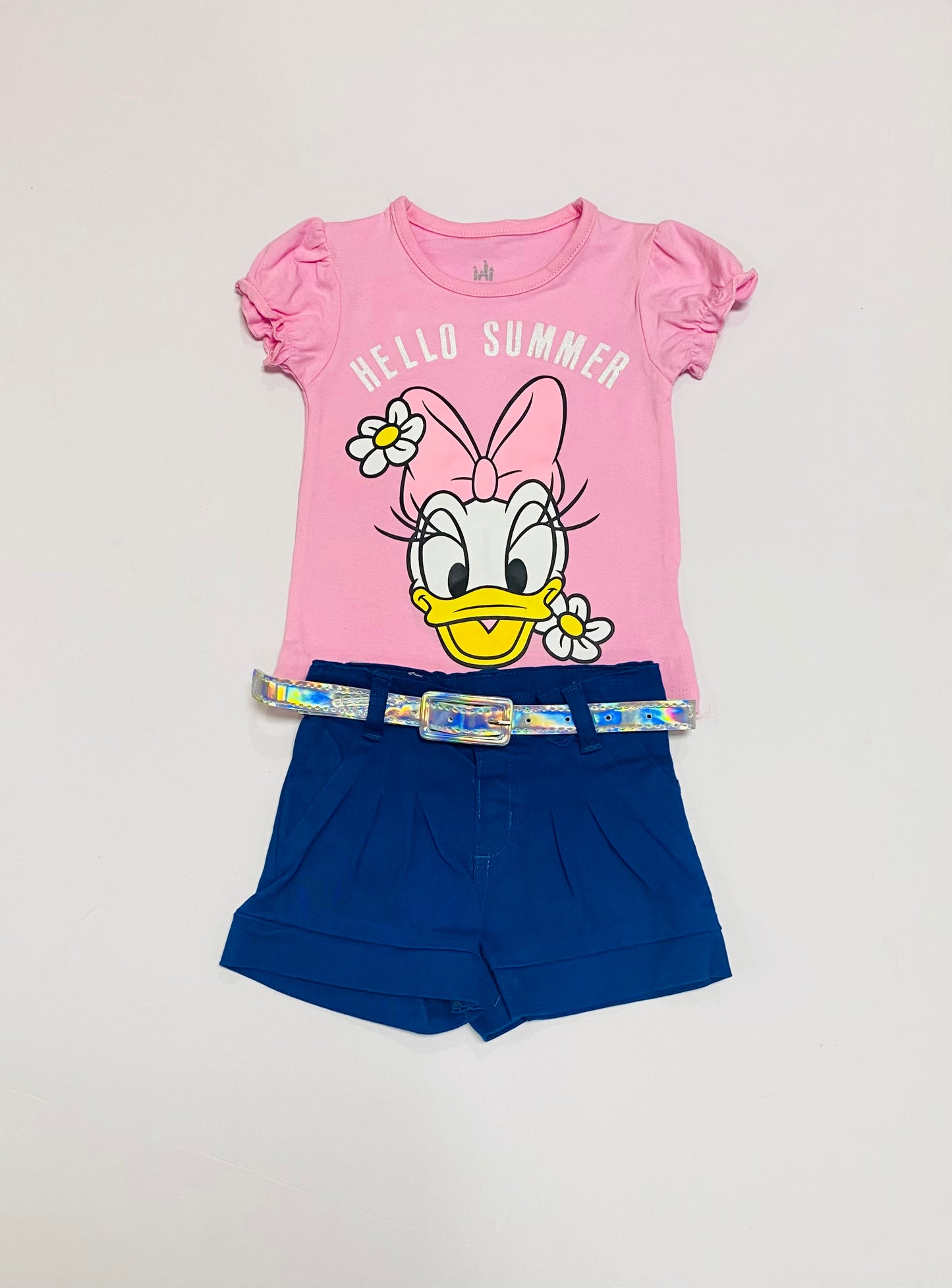 Set conjunto 2 piezas niña camisa rosada short azul oscuro Pata Daisy Disney D9-MI-1264B