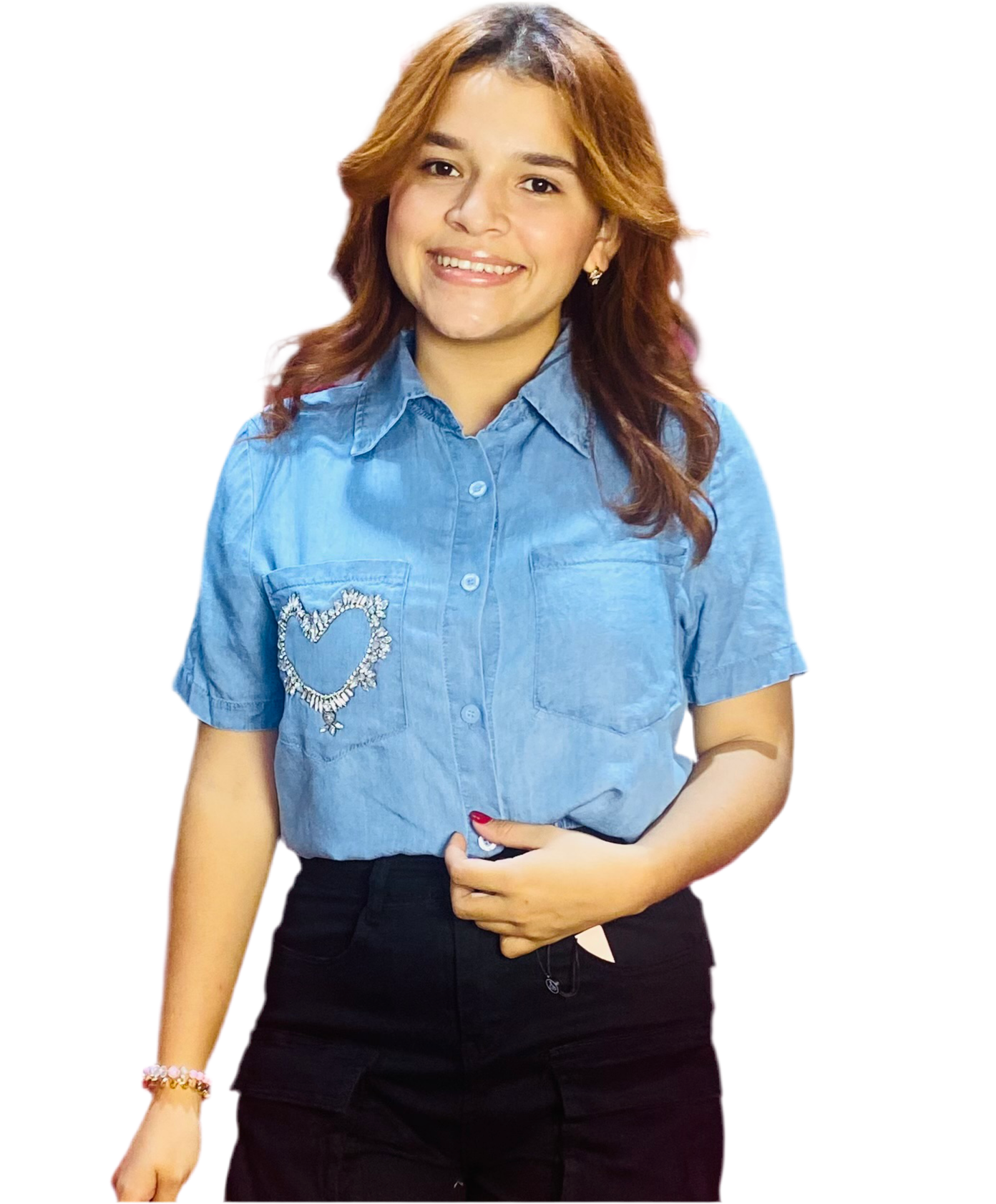 Camisa Blusa Dama azul jeans claro con corazón en bolsa CTD1188-29 590490