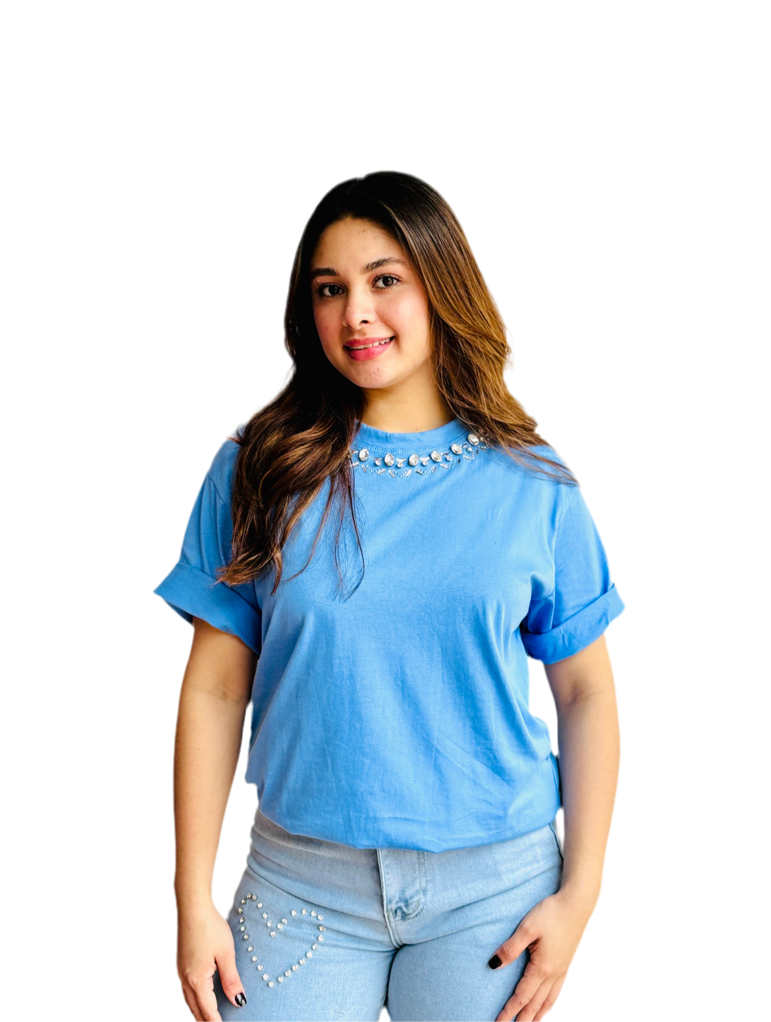 Blusa Dama azul camiseta brillos CTD1128-19 590390