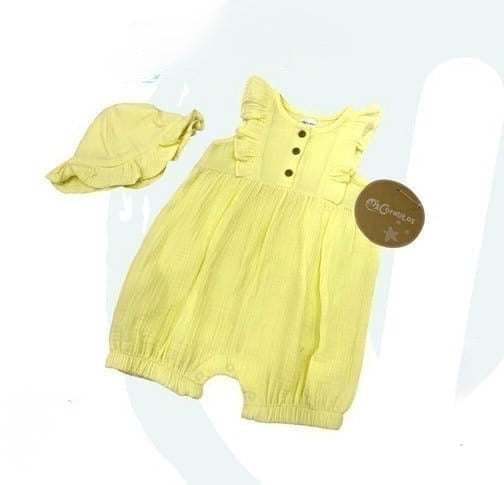 Set 2 piezas romper overall amarillo bebe niña sombrero coralitos