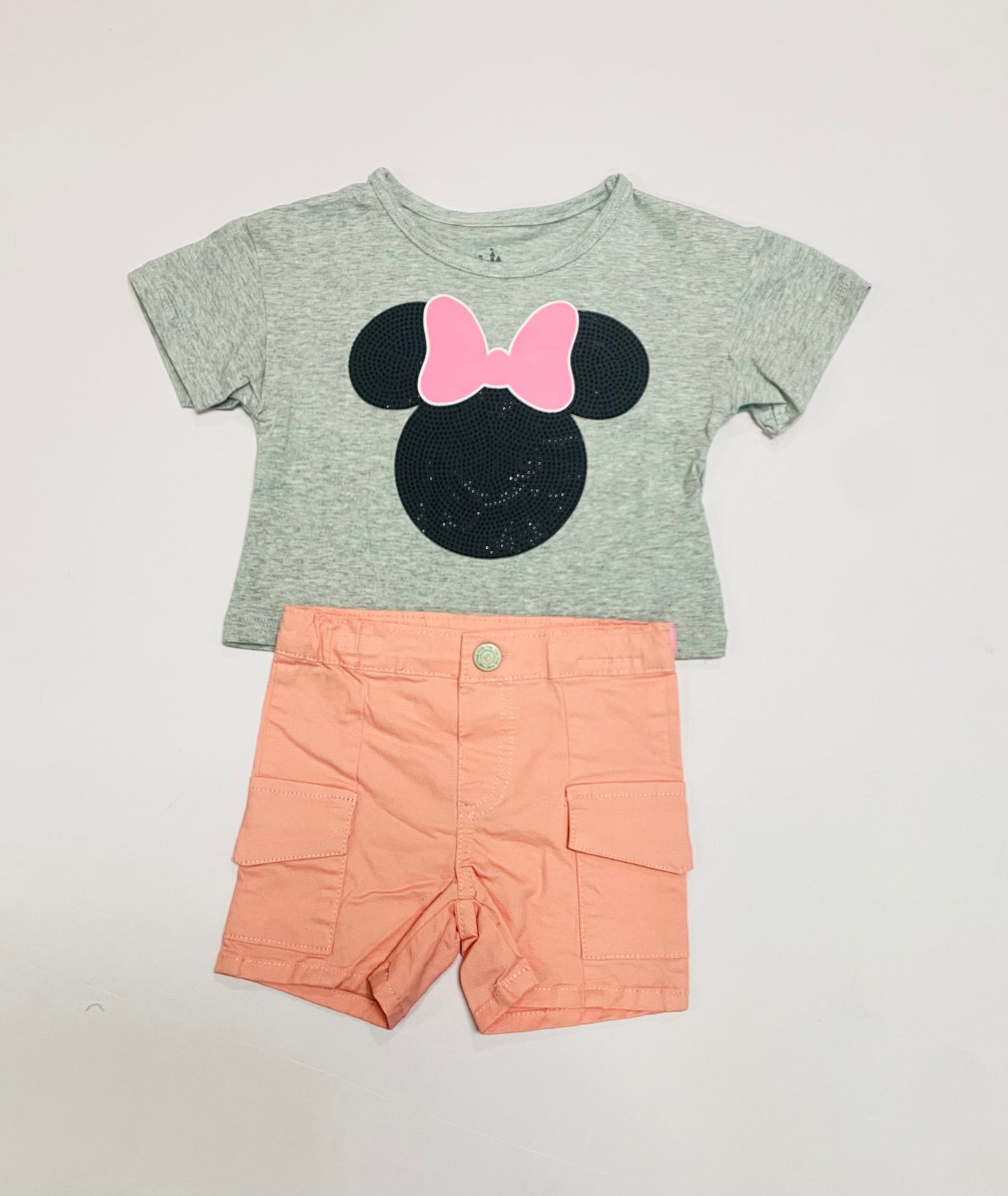 Set conjunto 2 piezas Minnie bebe niña camisa gris short salmón D9-MI-1297B promo 2x1000