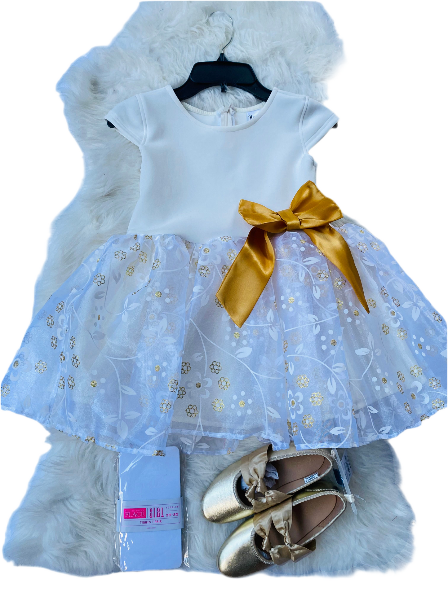 Vestido niña blanco y dorado promo 4x1000