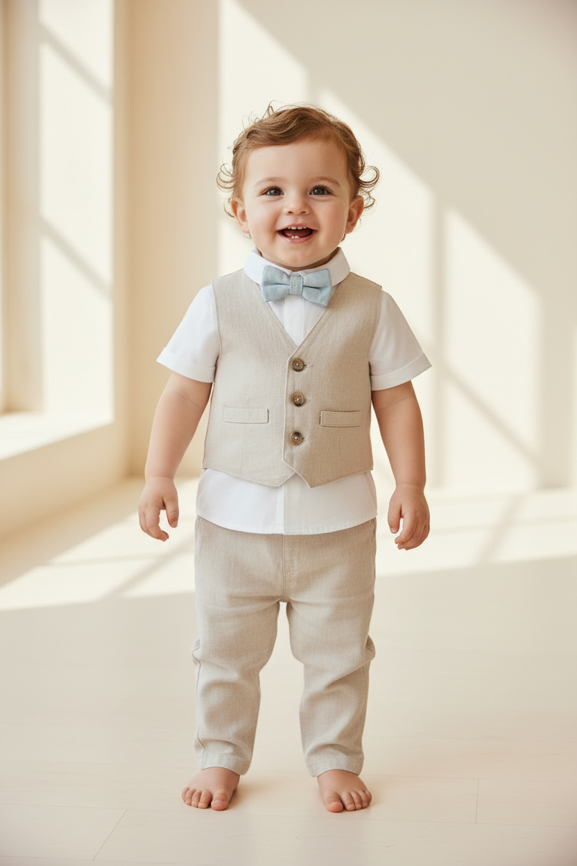 Set 4 piezas formal camisa chaleco corbatin pantalon beige bebe niño H&M 1292410004007
