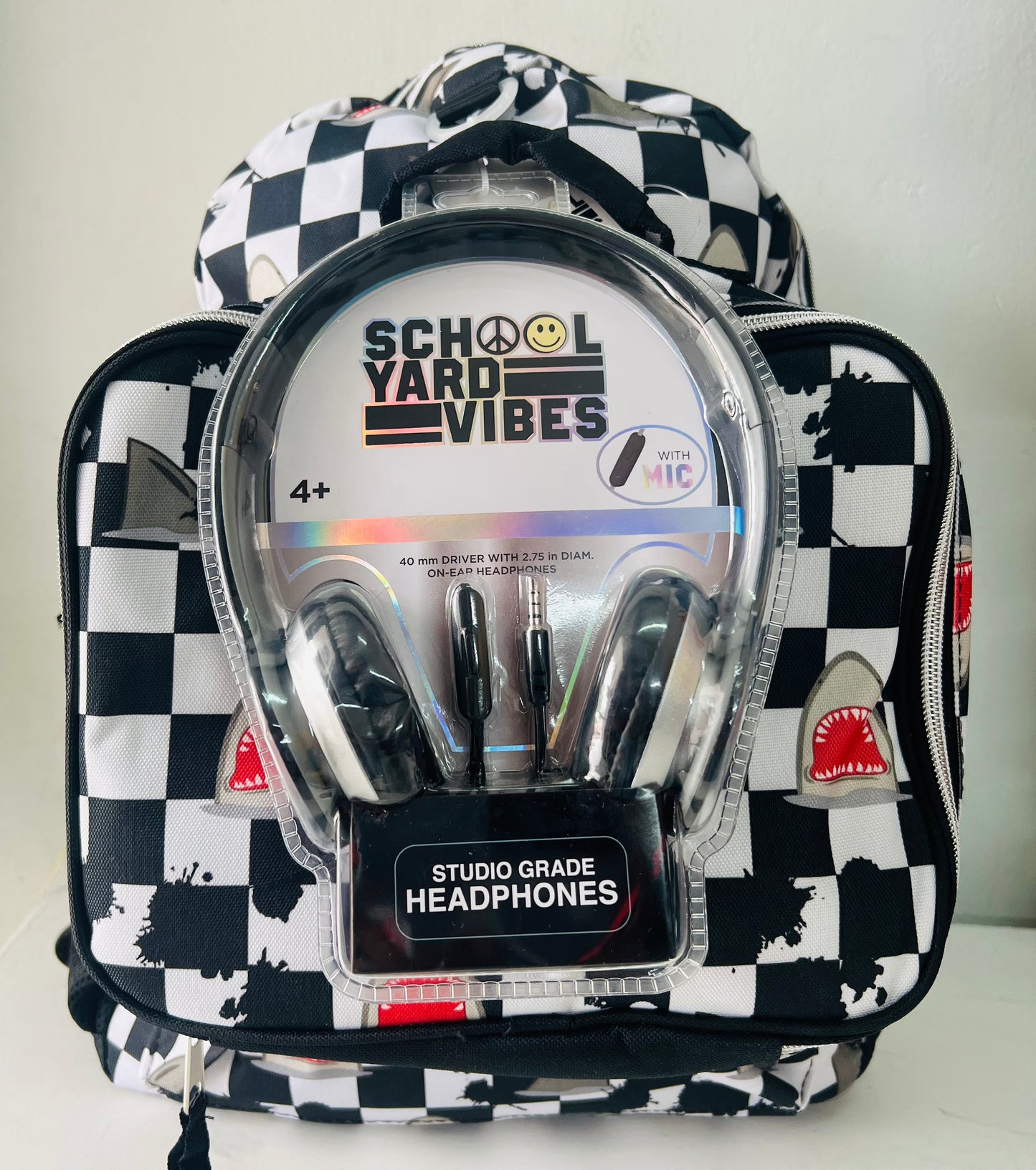Mochila negra cuadros 3 piezas grande niño audifonos lonchera