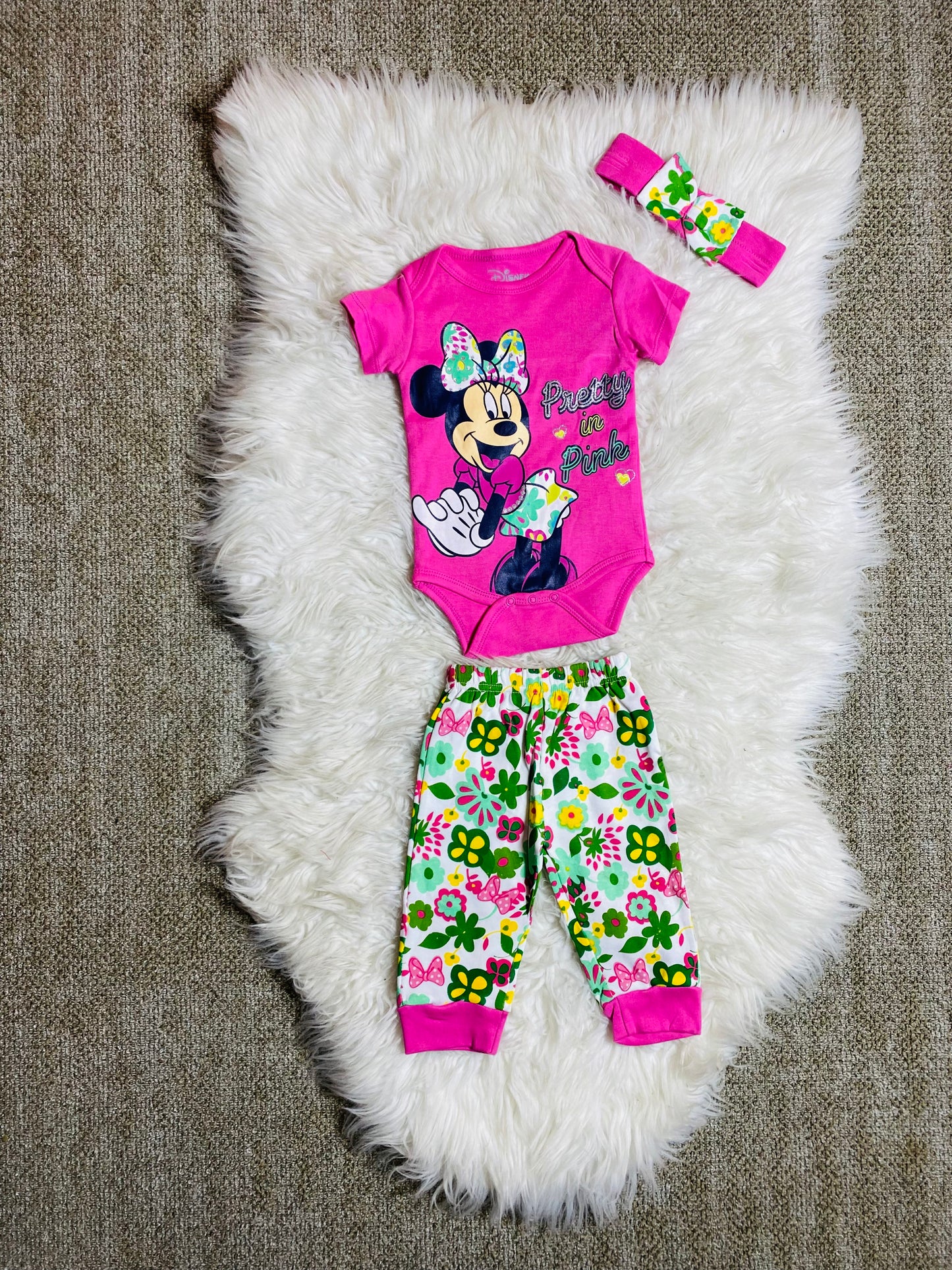 Set 3 piezas Mameluco rosado flores minnie niña promo 3x1000